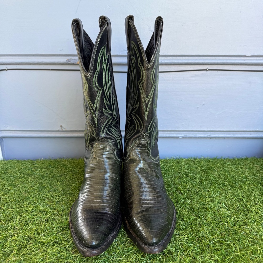 Vintage Justin Green Lizard Skin Cowboy Boots Black 8 B Style L346 Rodeo Western
